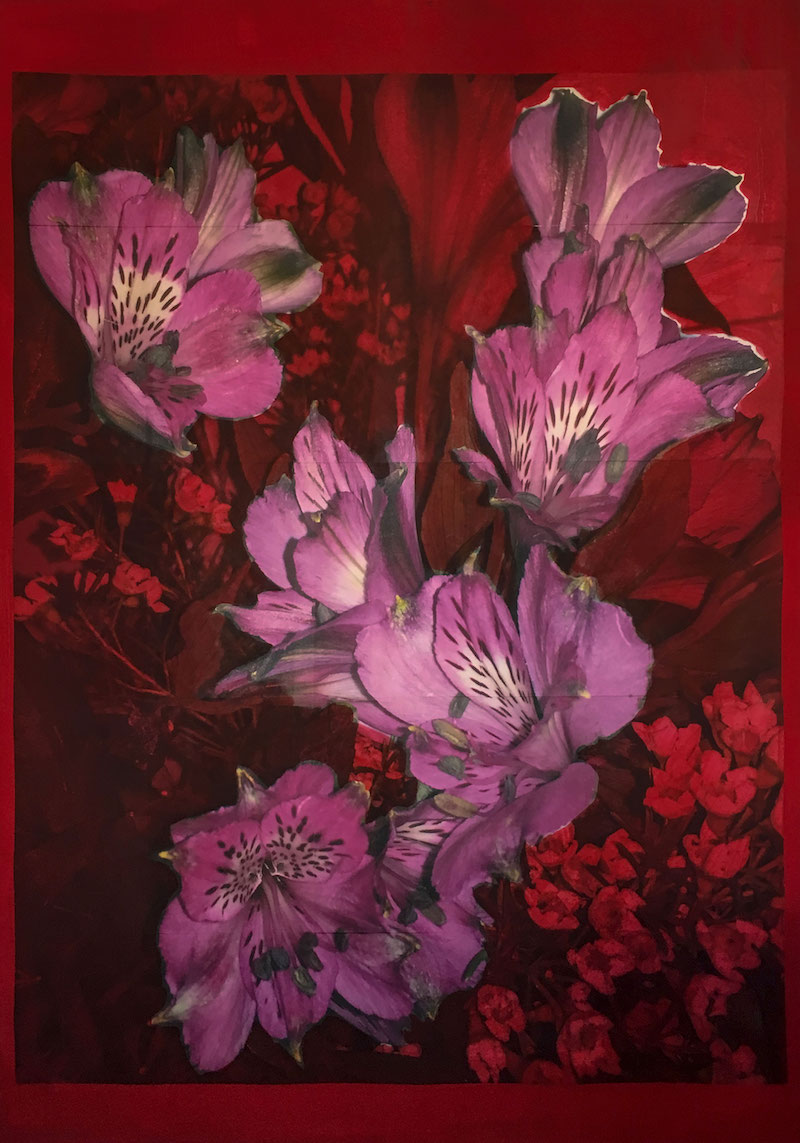 Tobias Spichtig, Blumen rechts, 2019. Vinyl Print and Oil on Canvas. 200 x 140cm. Swiss Institute Synagogue de Delme. 