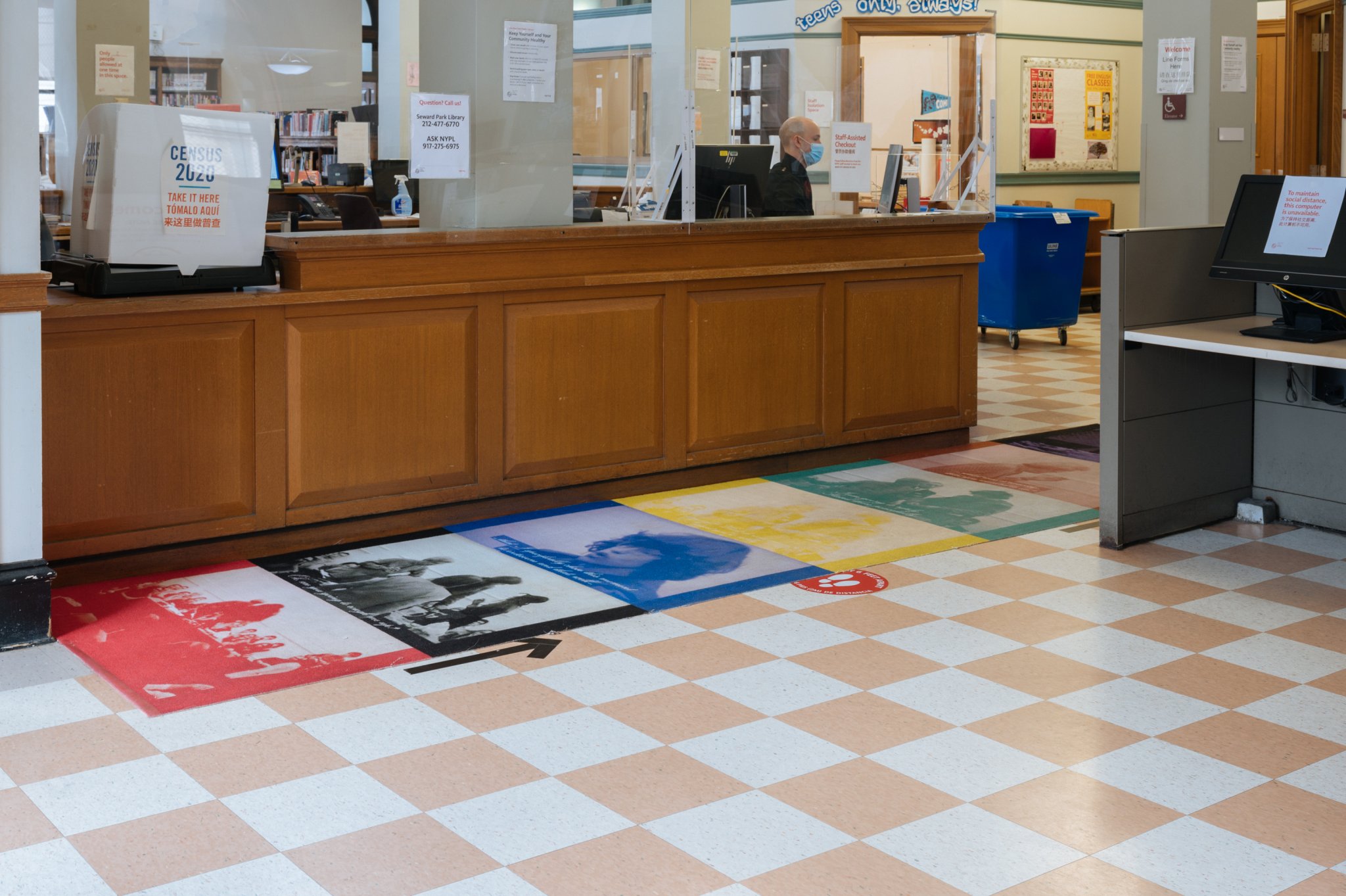 Victoria Colmegna, Mod, 2020. Dye-sublimation printed carpet. 48 x 192 in. Installed permanently at Seward Park Library, 192 E Broadway, New York, NY 10002. 